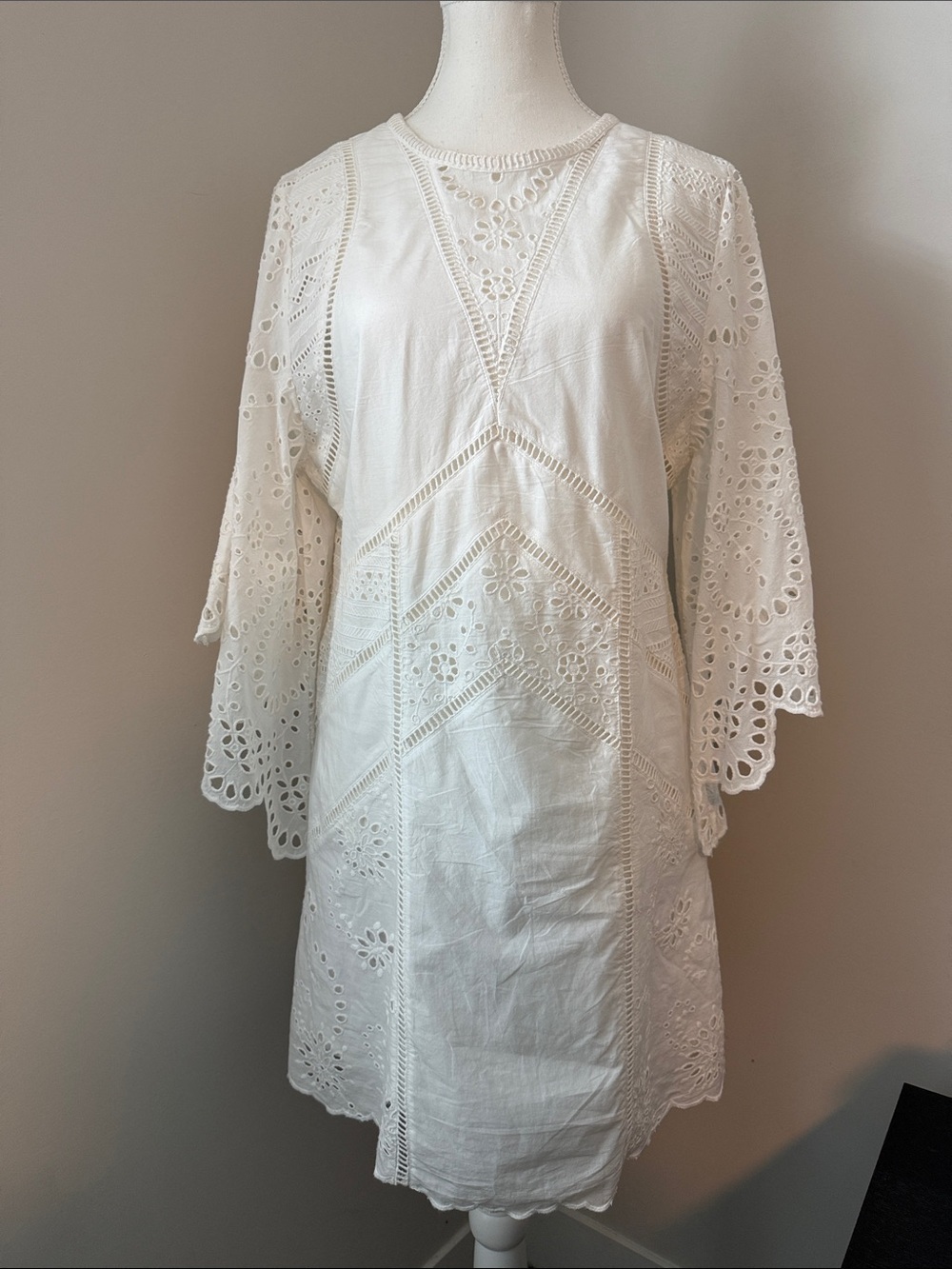 AllSaints Organic Cotton Eyelet Embroidered White Lined Dress US 8 NWOT